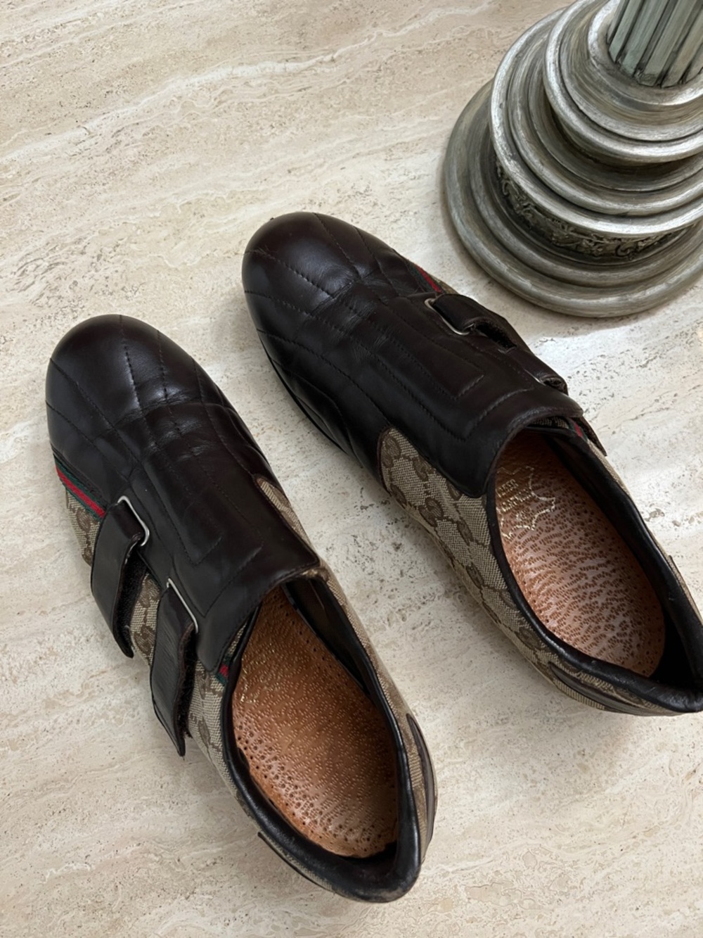 Gucci Brown Leather & GG Canvas Velcro Men’s Sneakers with Web Stripe - Picture 7 of 13